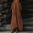 thumbnail image 2 of Women Kaftan Dresses Baggy Cotton Linen Maxi Dress V Neck 3/4 Sleeve Asymmetrical Hem Casual Long Dress with Pocket, 2 of 7