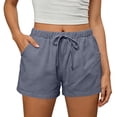 thumbnail image 2 of JIUWEN Shorts for Women Trendy Summer Casual Beach Cotton Linen Drawstring Elastic Waist Plus Size Shorts Pockets-Gray-2XL, 2 of 5