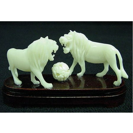 Hand Carved Cow Bone - 2 Lions Playing Ball Small Statue Asian Art Hand Carved Cow Bone Sculpture