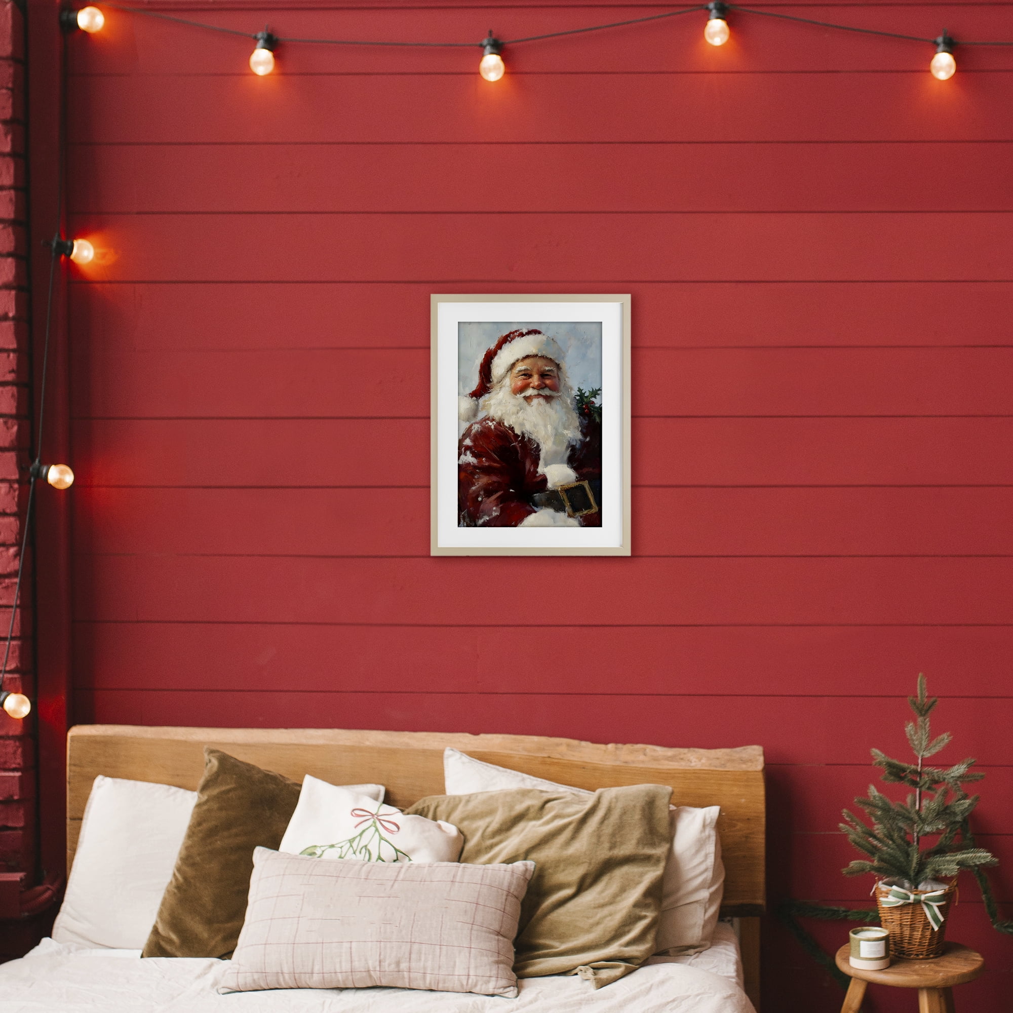 Rosy Cheeked Santa Smile Birch Framed Print Under Glass, design by Petal Prints Design