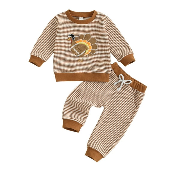 PMVFHDE Thanksgiving Girls Outfits 2 Piece Set Turkey Embroidery Knit Sweatshirt And Striped Pants Toddler Fall Winter Holiday Season Comfortable Casual Wear Brown,3-4 Years