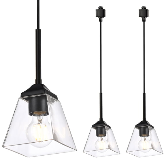 Melucee 3-Pack Farmhouse Pendant Track Lights, Black Kitchen Island Pendant Light Fixtures with Clear Glass Shape