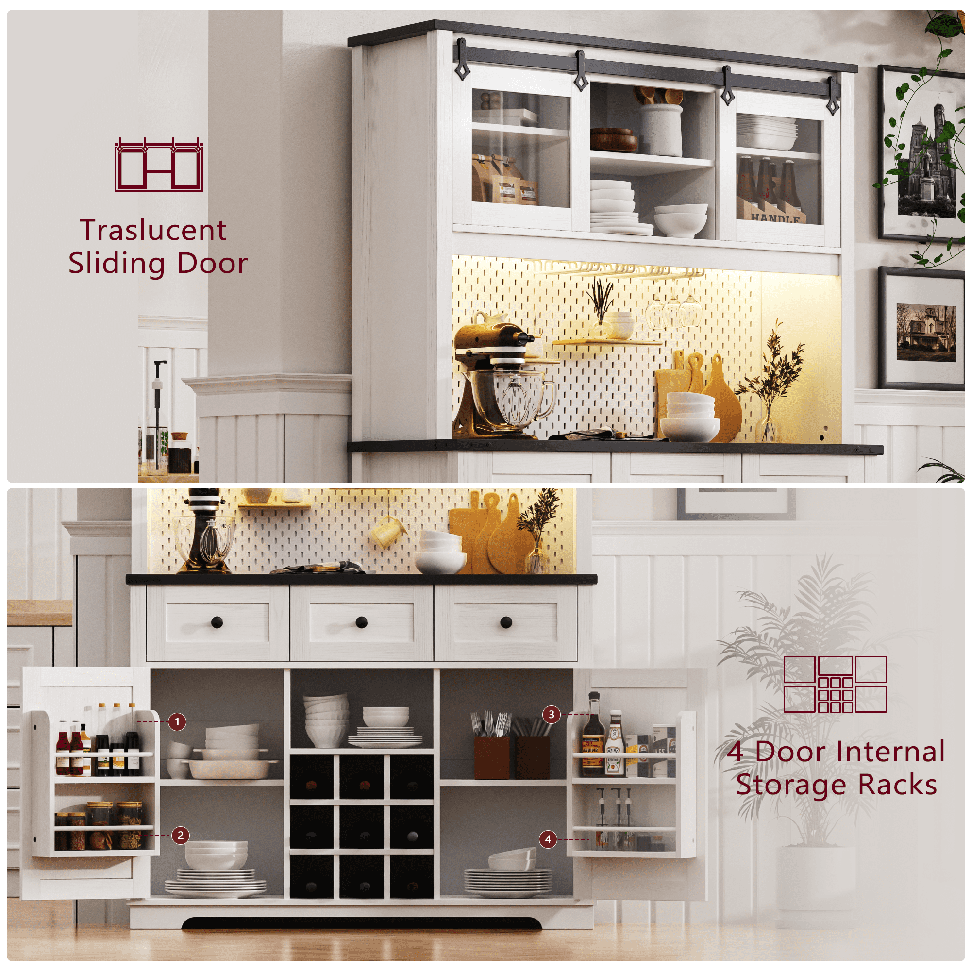 Euroco Farmhouse Coffee Bar Cabinet with Hutch – 71" Tall Kitchen Buffet & Storage Cabinet with Sliding Barn Glass Doors, RGB Lights, Power Outlets, Wine Rack & Pegboard – Oak White & Black