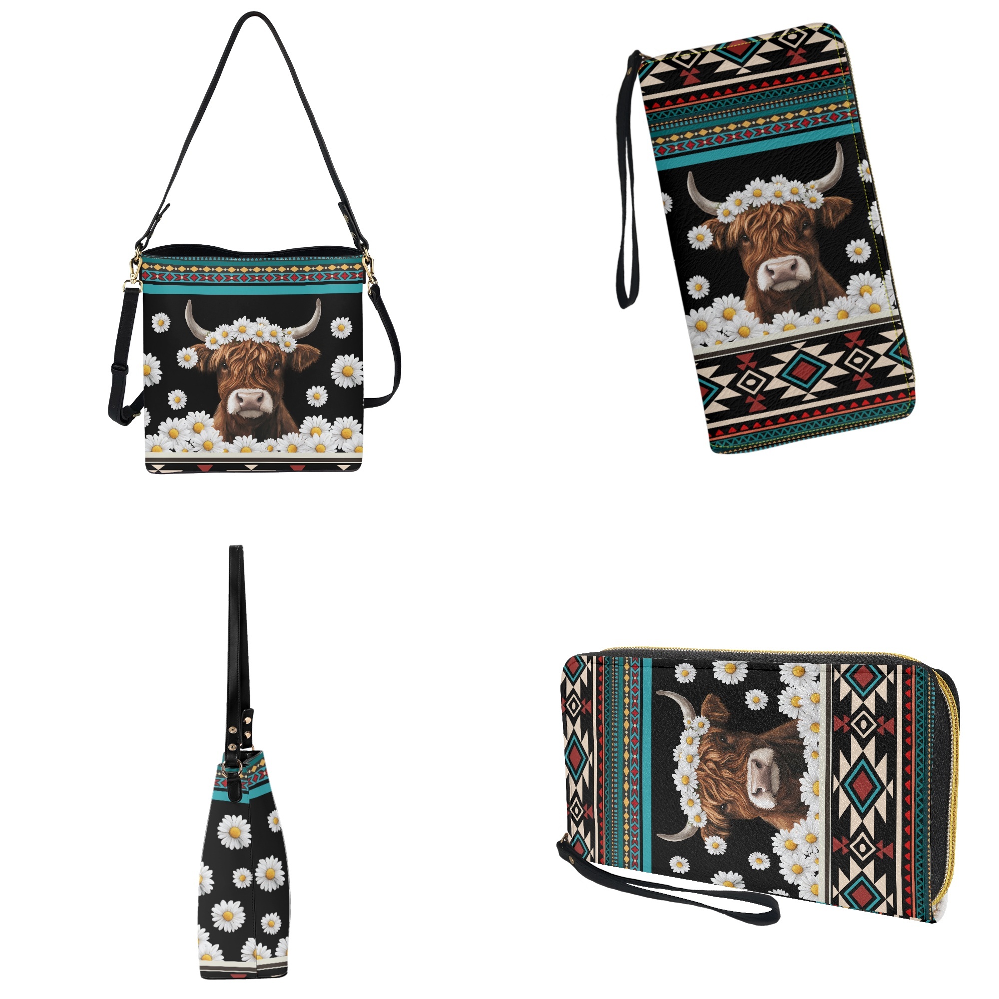 ZUXONGSY Aztec Highland Cow Daisy Flower Print Bucket Purse and Wallet Set for Women Lady Fashion Bucket Bag Tote Purse Set Lightweight Crossbody Hobo Bag with Wallet Set for Daily Use