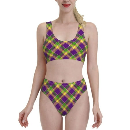 Bixox Mardi Gras Plaid Pattern Two-Piece Sports Bikini with U-Shaped Top and High-Waist Bottom - Women s Swimwear with Removable Bra Pads