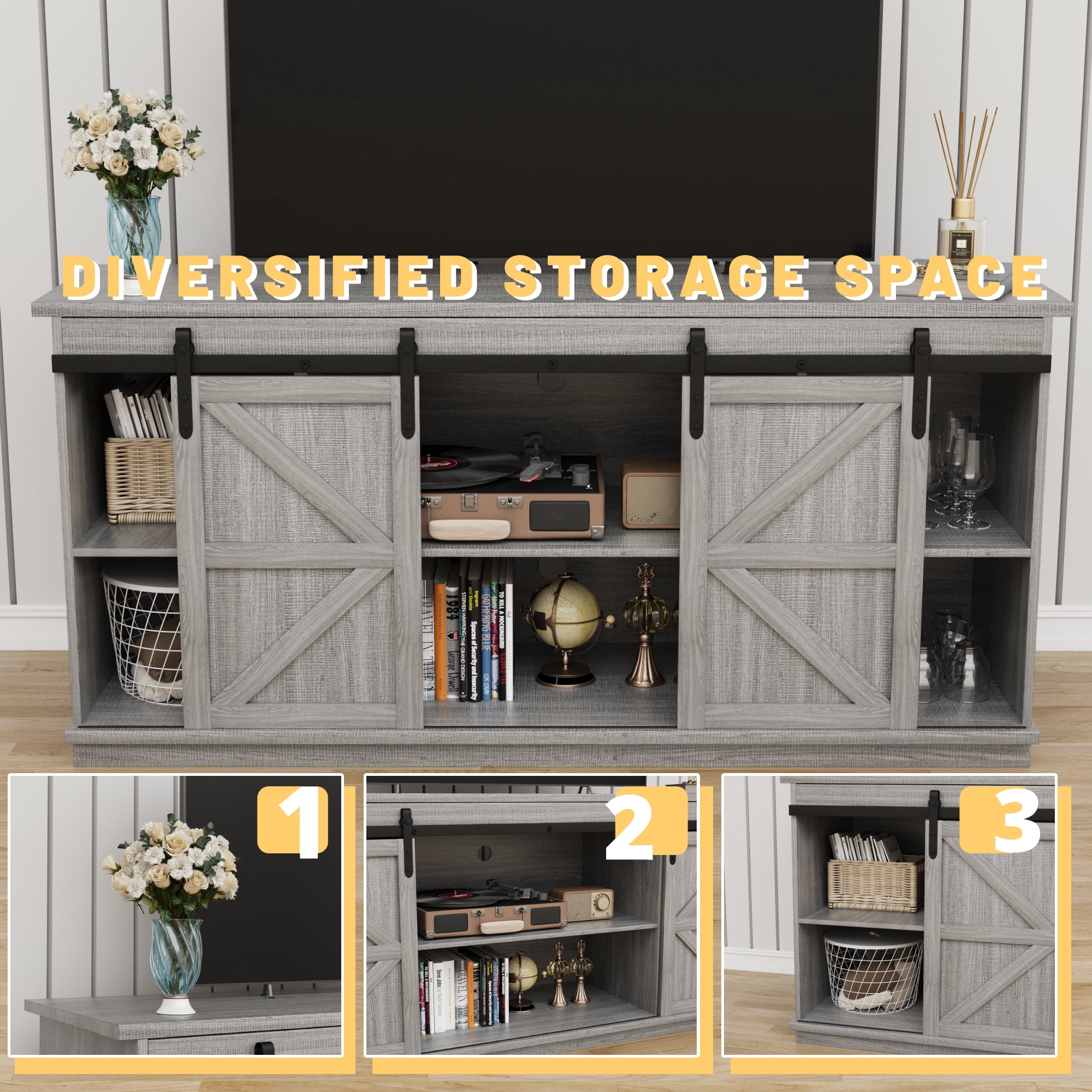 Vineego 58 inch Farmhouse TV Stand and Entertainment Center for Televisions,with Sliding Barn Doors and Storage Cabinets,Gray