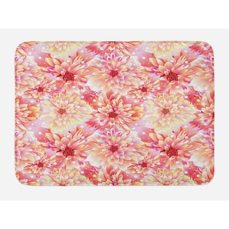 - Dahlia Flower Bath Mat, Double Apple Blossom with Overlap Axis and Twist Bluntly Circle Pompons, Non-Slip Plush Mat Bathroom Kitchen Laundry Room Decor, 29.5 X 17.5 Inches, Pink Yellow, Ambesonne