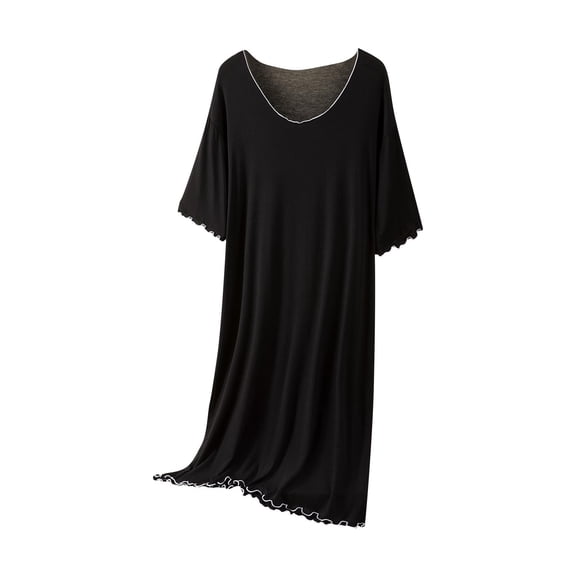 Women's Cotton Nightgowns Loose Solid Color Summer Short Ruffled Sleeves Crew Neck Cozy Elastic Casual Sleep Dress for Daliy House