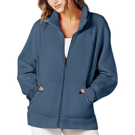 Herrnalise Womens Zip Up Hoodies Long Sleeve Fall Oversized Sweatshirts Fleece Y2K Jacket with Pockets Dark Blue,L