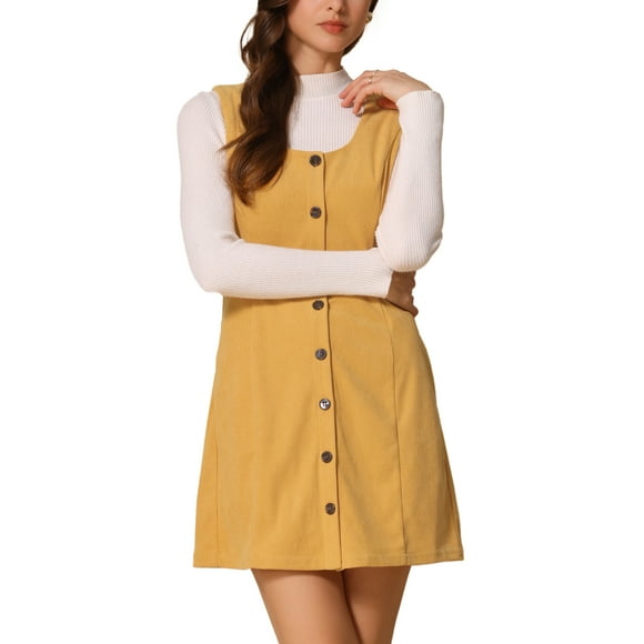 INSPIRE CHIC Women's Suspender Dress Scoop Neck Pinafore Overall Corduroy Casual Dress L Dark Yellow
