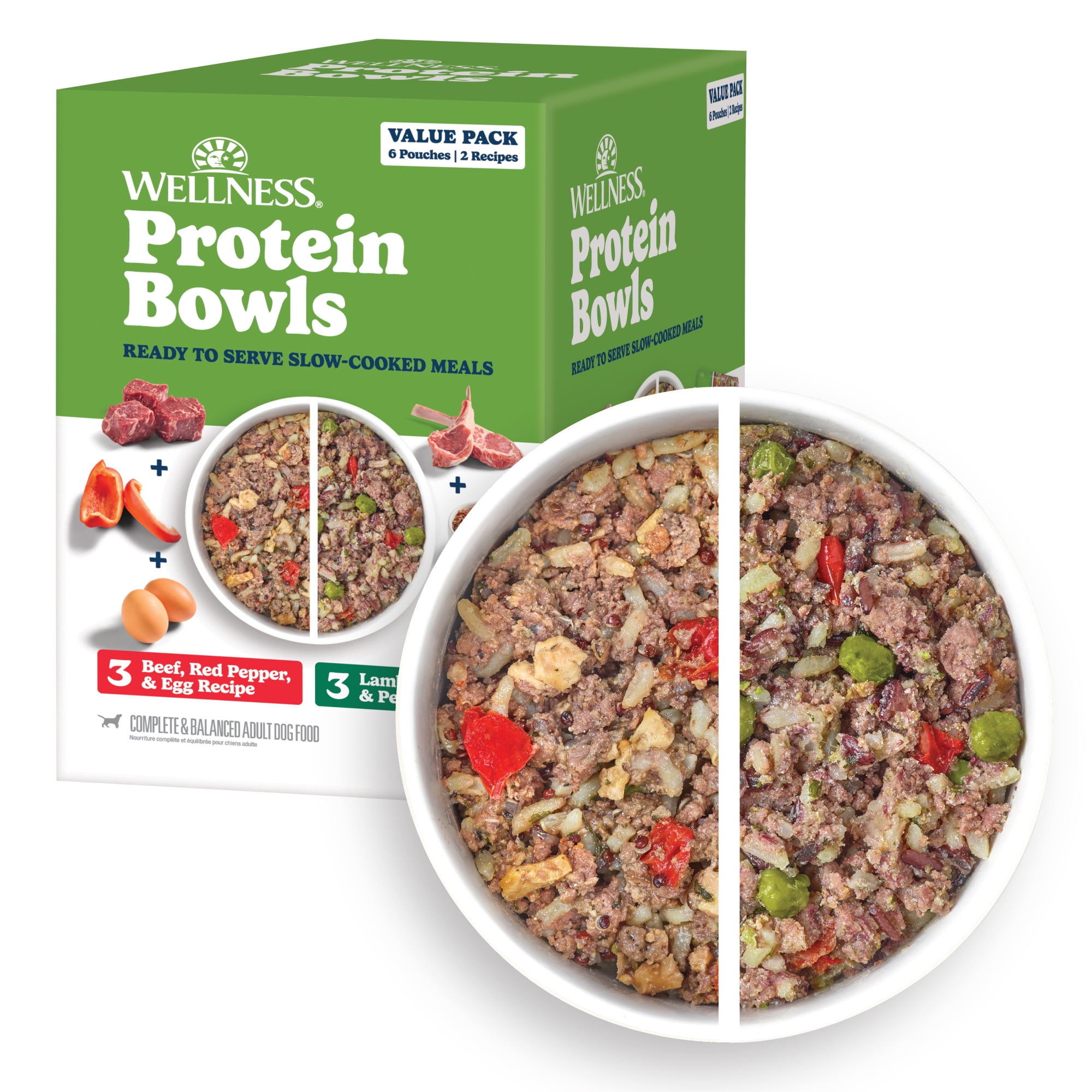 Wellness ® Protein Bowls, Adult Fresh Alternative Dog Food, Wholesome Grains, 6.2 Ounce Pouch, 6 Pack, (Beef & Lamb Value Pack)