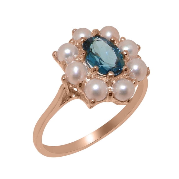 LBG British Made 10k Rose Gold Natural London Blue Topaz & Cultured Pearl Womens Statement Ring - 33 size options - Size 10