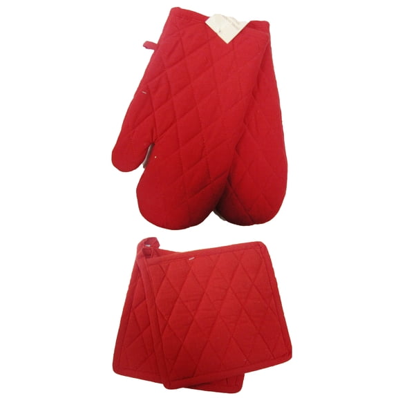 Fabstyles Solo Oven Mitt and Potholder Set of 4, 100% Cotton 2 Piece Oven Mitt and 2 Piece Potholder Heat Resistant Kitchen Linen Set