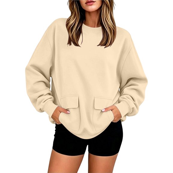 Women Front Double Pocket Sweatshirt Round Neck Regular Sleeve Solid Color Long Sleeve Winter Pullover