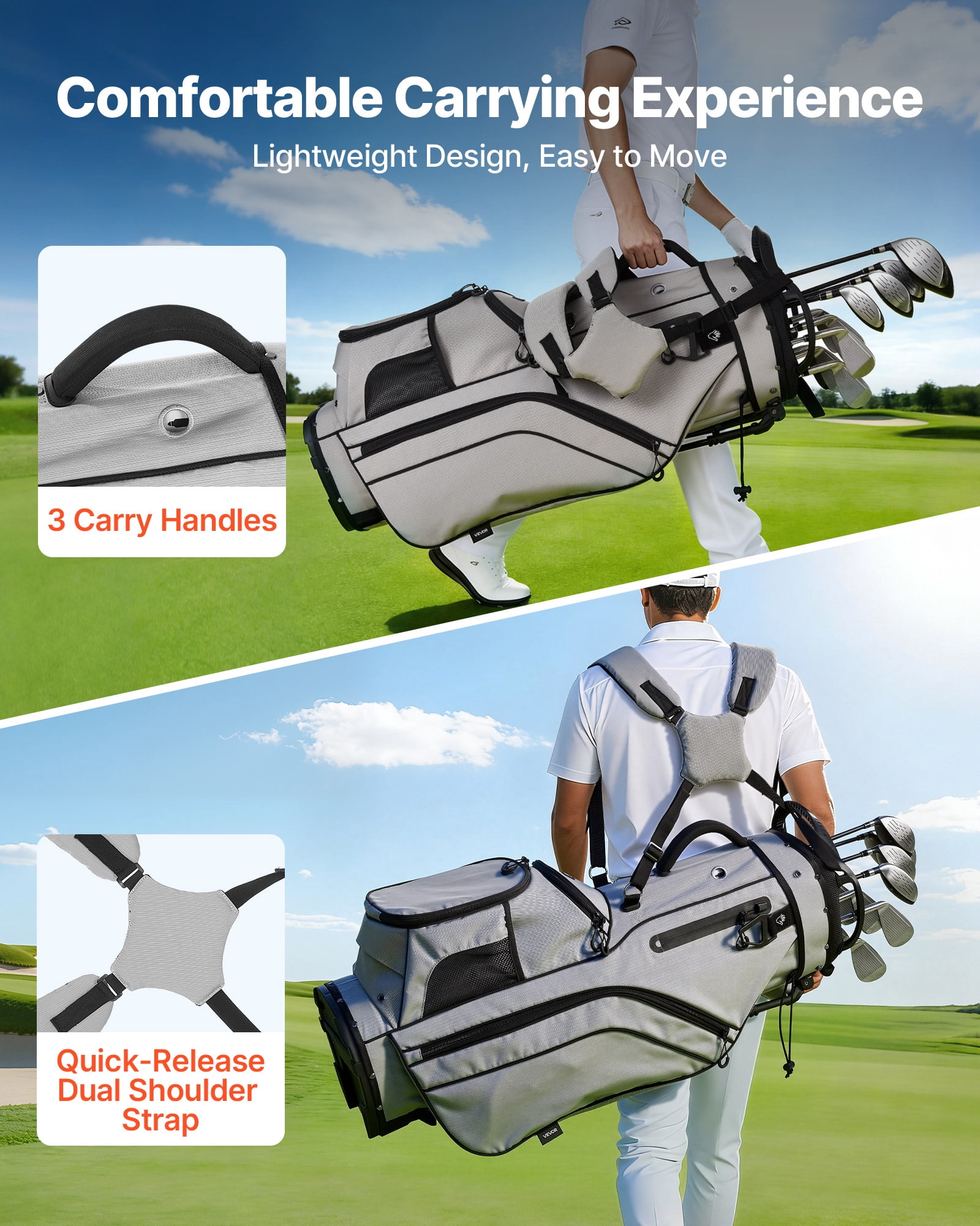 VEVOR Golf Cart Bag, 14 Way Top Divider Organizer, 2-in-1 Golf Club Bag with Full-length Divider, Dual Shoulder Straps, Support Legs, Rain Hood, Storage Pockets, Lightweight Polyester for Men & Women