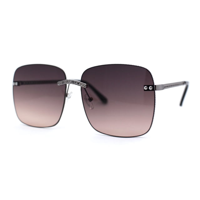 Womens Luxury Chain Jewel Trim Rimless Butterfly Diva Sunglasses Gunmetal Brown Smoke