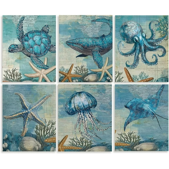 6 Pack Unframed Waterproof Sea Creature Decors Canvas Wall Art Ocean Turtle Jellyfish Starfish Octopus 8 x 10 Inch Canvas Wall Posters Gift Making DIY