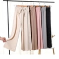 thumbnail image 2 of Women Ice Silk Long Pants Elastic High Waist Drawstring Wide Leg Plaid Trousers, 2 of 10