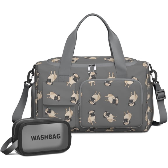 Women Men Gym Bag,Cute Pug Puppies Small Duffle Bag Spend the Night Bags for Women with Shoes Compartment Washbag,Detachable Shoulder Strap,19.7x8.3x11 Inches