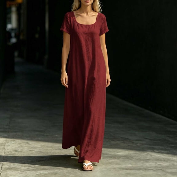 QUNYINEY Red Womens Summer Casual Dresses Long Short Sleeve A Line Dress Flowy Loose Fit Vacation Square Neck Dresses