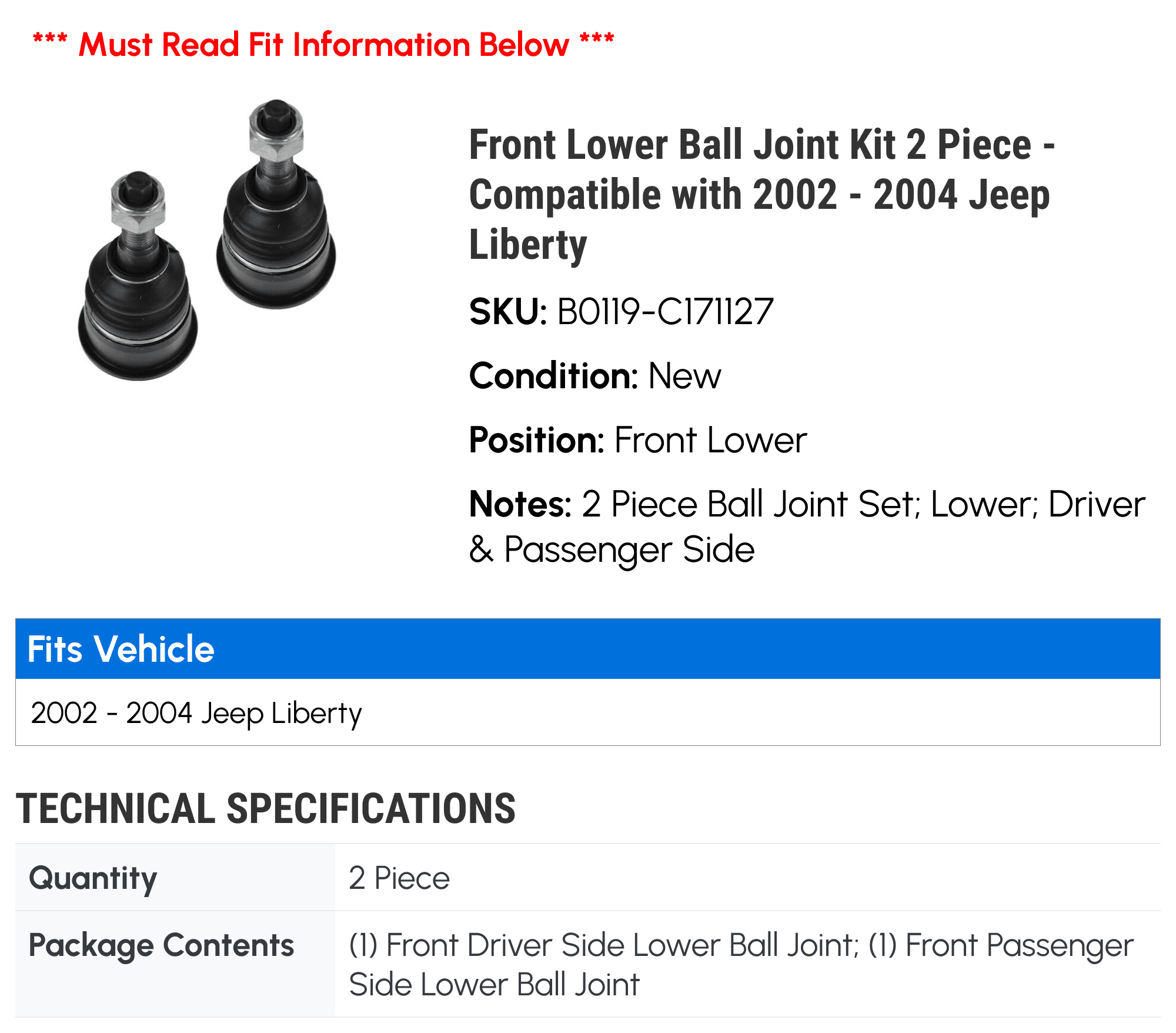 Front Lower Suspension Ball Joint for Jeep Liberty 2002-2004 1pc