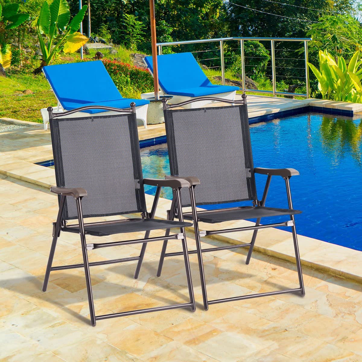 Set of 2 Patio Folding Chairs, Sling Chairs, Indoor Outdoor Lawn Chairs, Camping Garden Pool Beach Yard Lounge Chairs w/Armrest, Patio Dining Chairs, Metal Frame No Assembly, Black - image 3 of 9