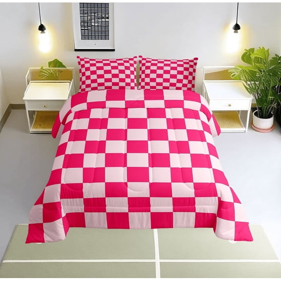 Erosebridal Vintage Checkered Bedding Sets Twin with Comforter, Square Geometric Duvet Insert, Buffalo Check Decor, Lightweight