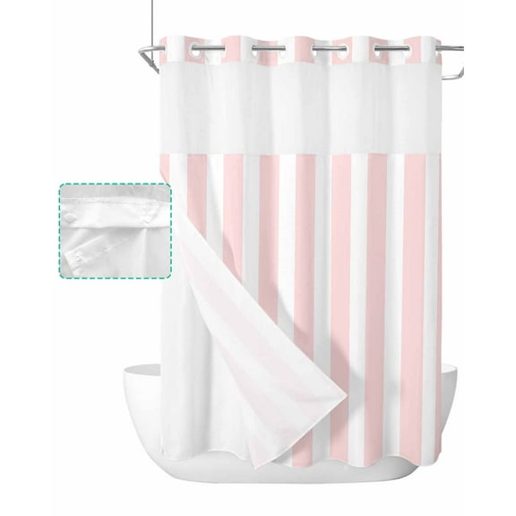 No Hook Shower Curtain with Snap in Liner, Pink and White Striped Geometric Hotel Shower Curtains for Bathroom, Washable Shower Curtain Liner Set with Mesh Top Window, 72"x96"