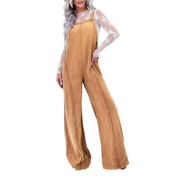 Women Loose Fit Denim Jumpsuit Adjustable Straps Wide Leg Long Pants Frayed Jean Overalls Yellow XL