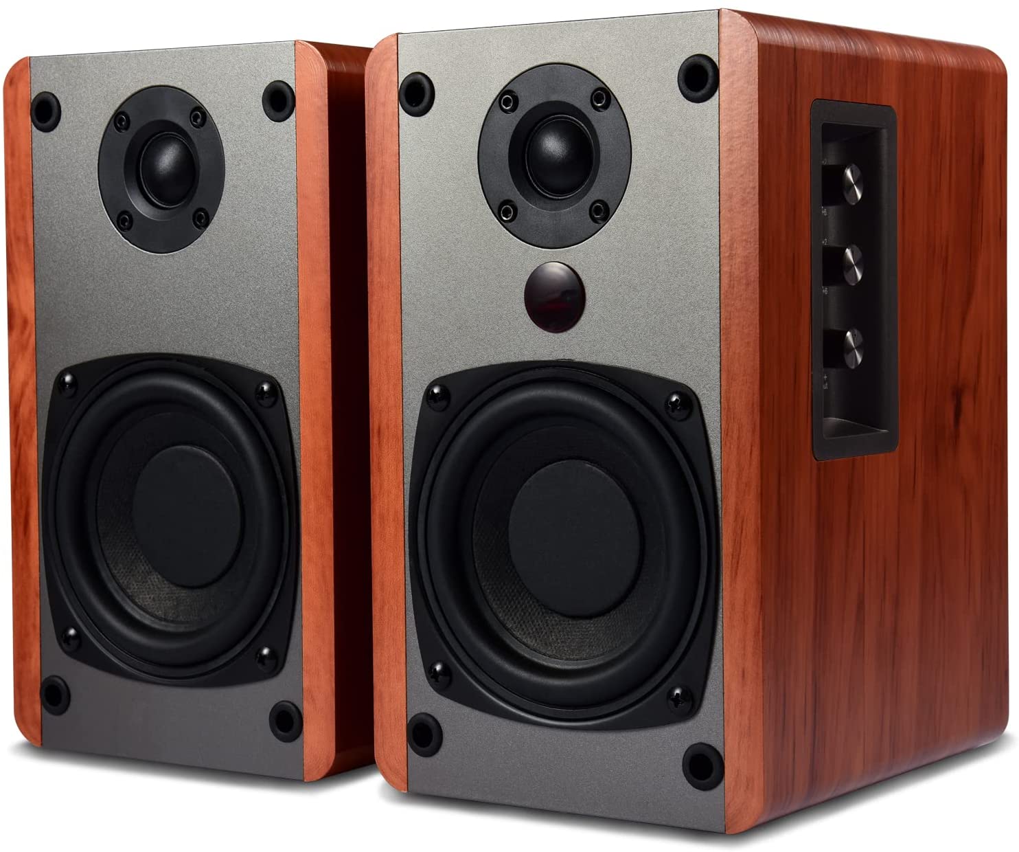 SINGING WOOD BT25 Bluetooth Powered Bookshelf Speakers for Record Player  with Built-in Amplifier -Studio Monitor Speaker Full Function Remote  Control -Wooden Enclosure 50 Watts RMS (Cherry Wood)