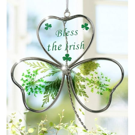 Flowers Suncatcher - Shamrock - Garden Suncatcher - Pressed Flowers Inside a Glass Shamrock - Bless the Irish Printed on the Glass - St Patrick's Day Decoration, Irish Gift,.., By Banberry Designs