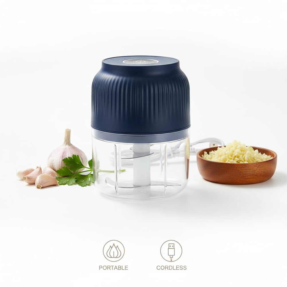 300ml Electric Garlic Chopper, Mini Portable Veggie Cutter with 4 Sharp Stainless Steel Blades, Compact One-Touch Food Processor Easy to Clean