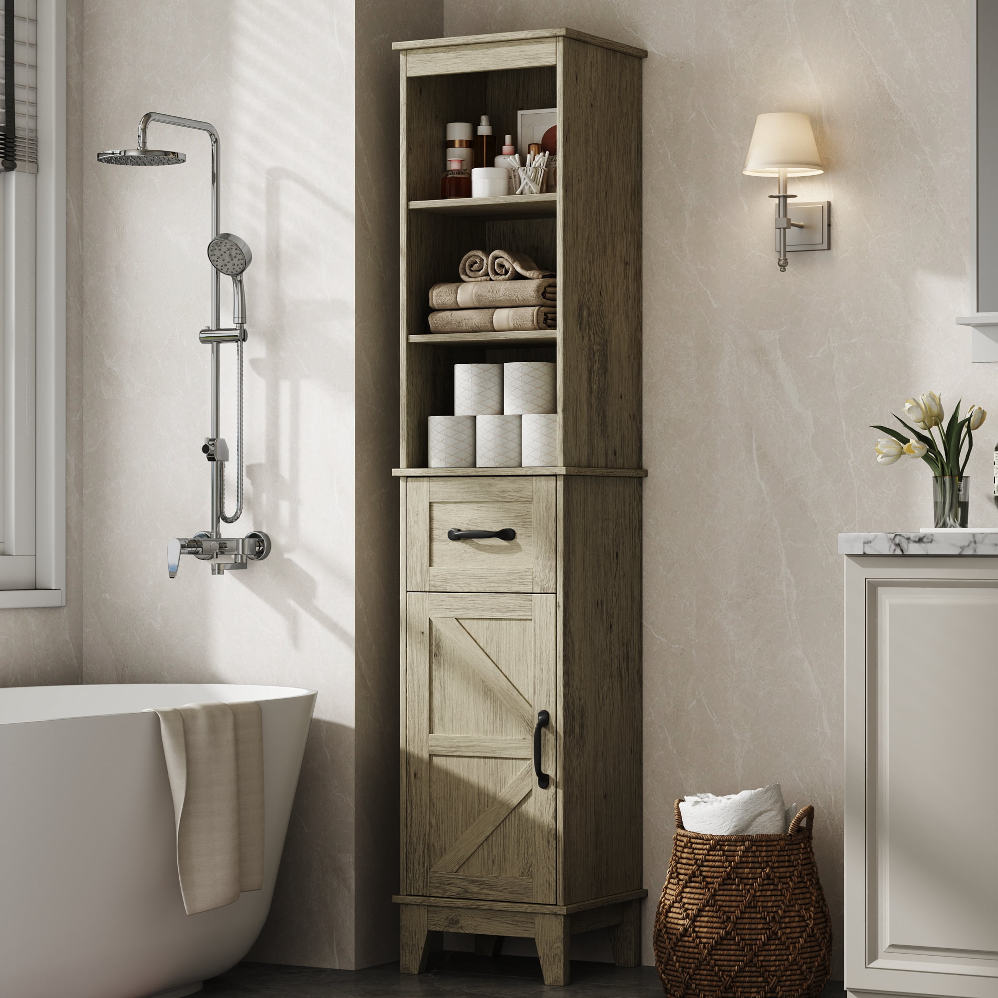Tall Bathroom Storage Cabinet with Barn Door and Drawer, Narrow Freestanding Linen Cabinet for Bathroom, Gray