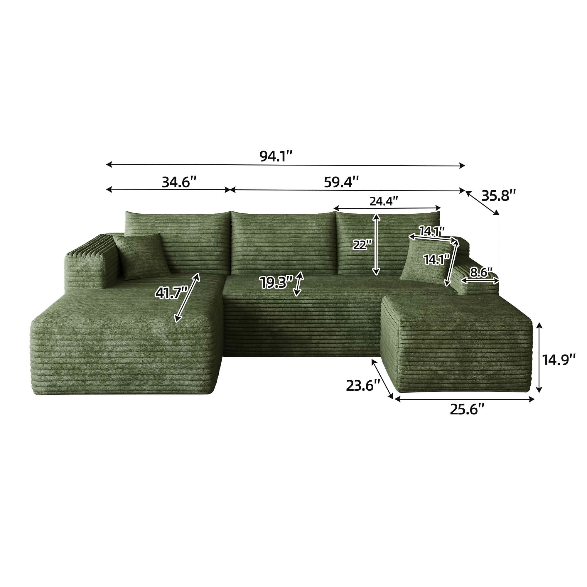 MAYEERTY 95 Inch U‑Shaped Cloud Sectional Sofa with 1 Ottoman, Modern Deep‑Seat Corner Couch, Plush Corduroy Reversible Sofa, No‑Assembly for Living Room Bedroom Apartment