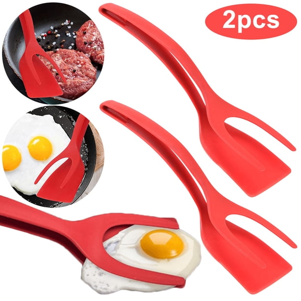 2 en 1 Antiadherente Agarre Voltear Frito Pinza Tostada Pan Panqueque Espátula () Rojo
