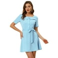 thumbnail image 1 of INSPIRE CHIC Women's Square Neck Button Decor Short Sleeves Tie Waist Mini Dress, 1 of 6