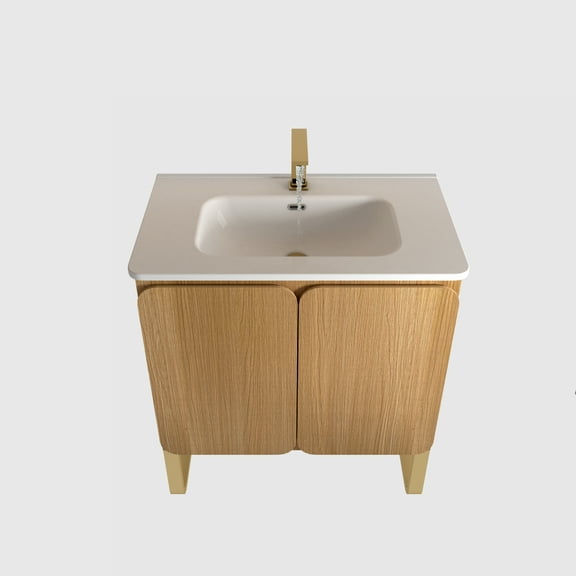 30 inch Bathroom Vanity with Ceramic Sink, Light Wood Freestanding & Wall Mount Vanity with Soft Closing Doors, 2-Door Large Storage Cabinet, Modern Bathroom Vanity for Small Space, Light Oak