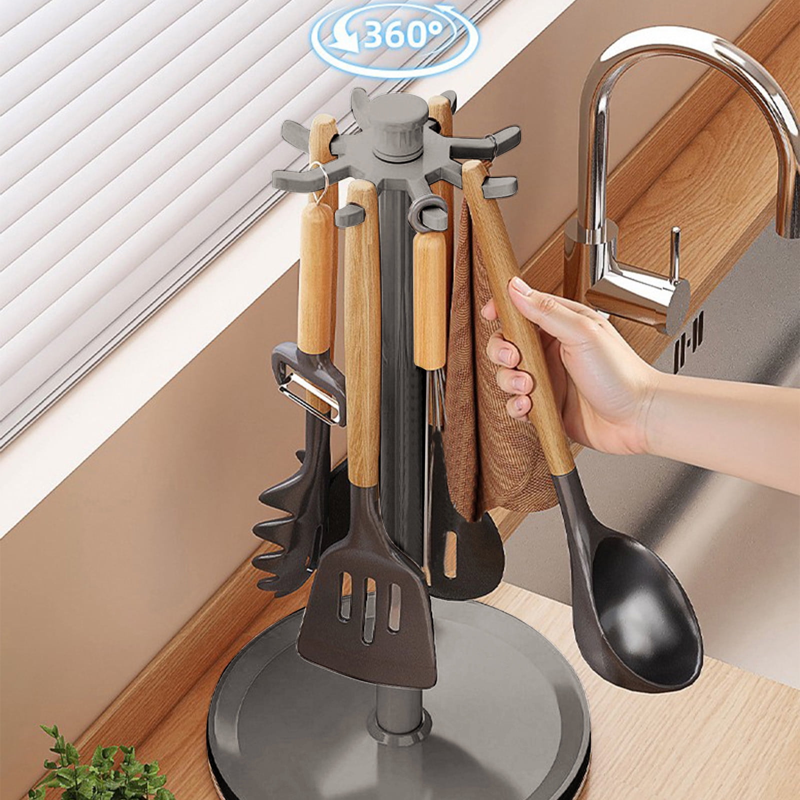 Yhmxh Kitchen Utensil Hanger Stainless Steel Utensil Holder Rotatable Cooking Utensils Holder with 8 Rotating Hooks, Hanging Spoon Spatula Holder Storage Rack, Hanging Organizer for Spoon, Spatula