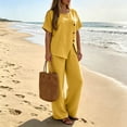 thumbnail image 4 of Two Piece Lounge Sets for Women Fashion Buttons Side Slit Solid Color Round Neck Short Sleeve Tops Elastic Waist Pants Sets Lounge Sets Wide Leg Pants Sets with Pockets, 4 of 7
