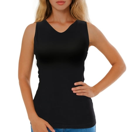 Tank Top with Built in Bra for Women — Open Back V-Neck Knit Tank Top (Black, Large)
