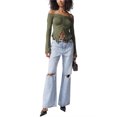 thumbnail image 2 of Biekopu Women's Spring Autumn Crop Tops,Solid Color Long Sleeve Off Shoulder Ruched Drawstring T-shirt, 2 of 4