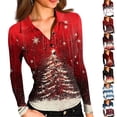 thumbnail image 5 of Women's Fashion Casual Vintage Christmas Printed V-Neck Long Sleeve Button-Down Polo Shirt Top, Holiday Blouse, Collared T-Shirt,Navy,XL, 5 of 7