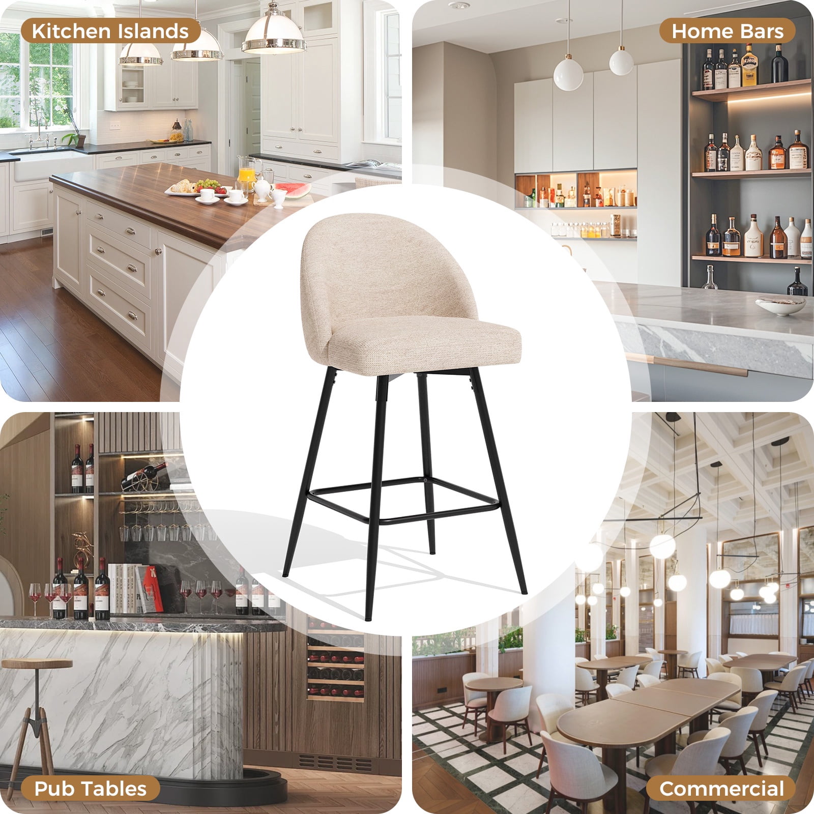 JULY'S SONG Counter Height Bar Stools with Back Sets of 2, 360°Swivel Upholstered Barstools with Metal Legs, 27" Seat Height Bar Stool for Kitchen Island, Light Flax