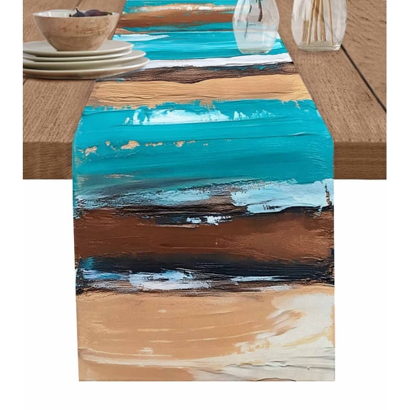Ldtrchee Turquoise Table Runner 60 Inches, Vintage Brown Gradient Abstract Wood Grain Bed Runner Dresser Scarves Tabletop for Indoor Outdoor Parties/Ceremony/Banquet, 13" x 60"