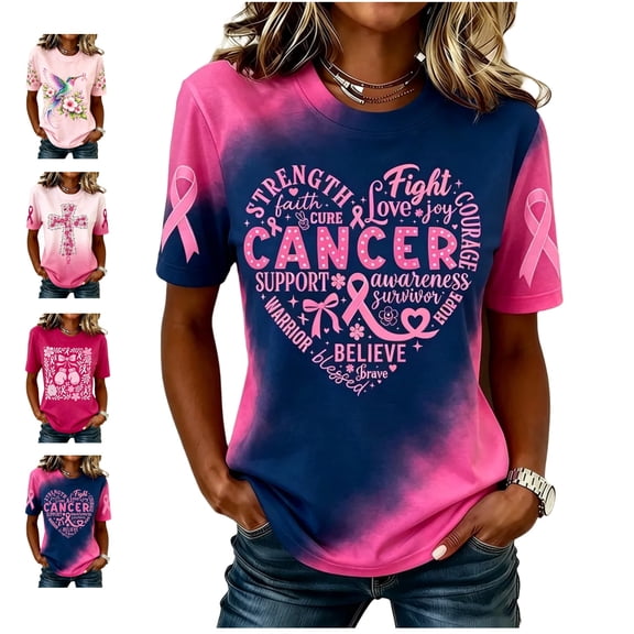 Graphic Tees for Women Breast Cancer Awareness Pattern Print T Shirts Short Sleeves Crew Neck Casual Tops