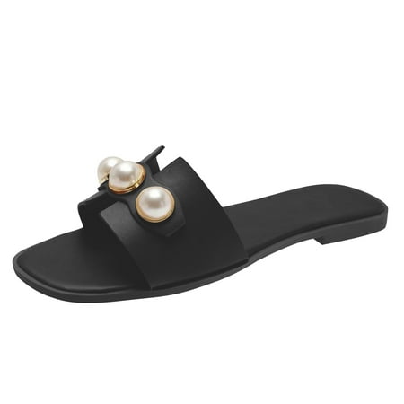 

KIJBLAE Women s Sandals Clearance New Plus-size Pearl Flats Wear Beach Slippers With Low Heels Black 41 Lady Sandals Rollback