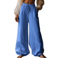 thumbnail image 2 of Endives Women's Cotton Linen Pants Wide Leg Pants Lantern Pants Fashion Basic Full Length Elastic Waist Comfort Soft Streetwear Beach Holiday Pant Blue, 2 of 4