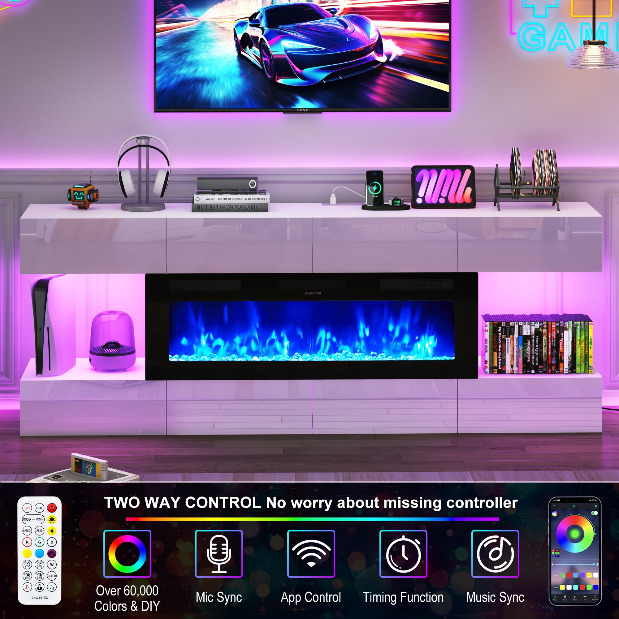 Blotout 82'' Fireplace TV Stand for 85/90''TV with 50'' Fireplace, LED Modern High Gloss Entertainment Center with Power Outlet, TV Console Table with 8 Handleless Storage Drawers, White