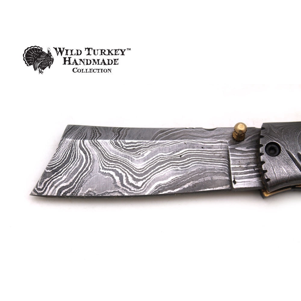 Wild Turkey Handmade Damascus Steel Collection Razor Style Folding Knife
