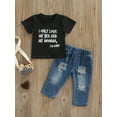 thumbnail image 2 of hirigin Toddler Boys 2Pcs Summer Outfits, Short Sleeve Letter Print Tops + Ripped Denim Pants Set, 2 of 8